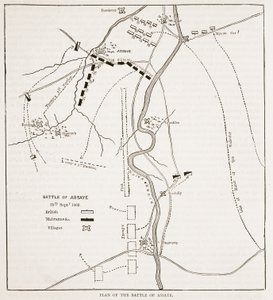 Plan for slaget ved Assaye, illustration fra Cassells Illustrated History of India af James Grant, pub. 1879 af English School