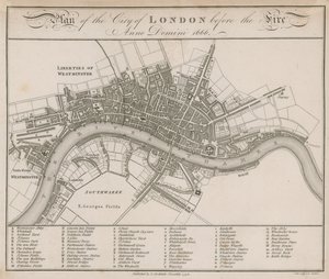 Plan for City of London før branden i 1666 af English School