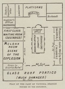 Plan des durch die Explosion beschädigten Teils des Victoria-Bahnhofs (Gravur) von English School