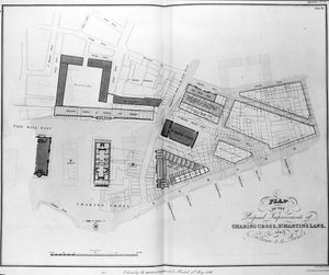Plan over de foreslåede forbedringer ved Charing Cross, St. Martins Lane og Entrance to the Strand, graveret af James Basire, 1826 af English School