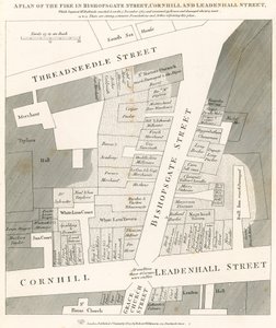 Plan for branden i Bishopsgate Street, Cornhill og Leadenhall Street, London, som begyndte den 7. november 1765 af English School