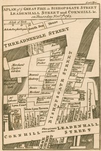 Plan for branden i Bishopsgate Street, Cornhill og Leadenhall Street, London, som begyndte den 7. november 1765 af English School