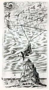 Plane, illustration fra frontispicen af The man in the moone eller en tale om en rejse dertil af Domingo Gonsales, the speedy Messenger af Francis Godwin (1562-1633), udgivet posthumt i af English School