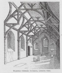 Plaxtole Kirke, interiør, set mod vest (litografi) af English School