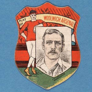 Spiel auf Woolwich Arsenal Powell, Baines-Karte in Form eines Schildes, 1888-89