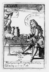 Spillekort til minde om den spanske arvefølgekrig, hjertefarve, ca. 1707 (gravering) (s/h foto) (detalje af 115651) af English School