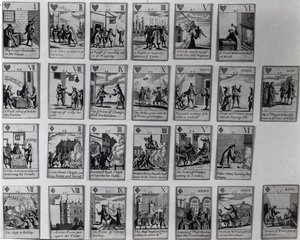 Spillekort, der skildrer episoder fra den glorværdige revolution 1688-89, ca. 1689 af English School