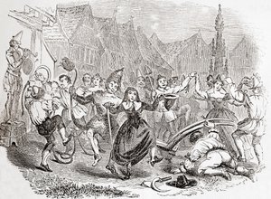 Plough Monday celebrations, the dance of Bessie and the Clown, from Old England: A Pictorial Museum, udg. 1847 af English School
