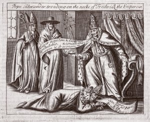 Papst Alexander tritt auf den Nacken von Kaiser Friedrich, Illustration aus Acts and Monuments von John Foxe, neunte Ausgabe, veröffentlicht 1684 von English School