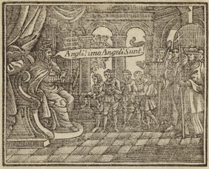 Pope Gregory and the Angeli: Gregory the Great encountering Anglo-Saxon youths at a slave marketdani af English School