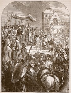 Pave Urban II prædiker det første korstog på markedspladsen i Clermont, 1096, illustration fra Cassells Illustrated History of England (sepiafoto) af English School