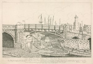 Del af Old London Bridge, tegnet i 1826 under anlægsarbejder af English School