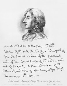 Portræt af admiral Horatio Nelson med sin håndskrift