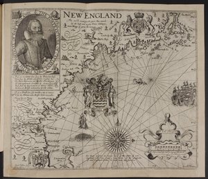 Portræt af kaptajn John Smith. Et billede af New Englands kyst, i 