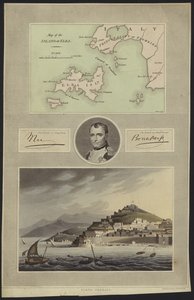 Portræt af Napoleon Bonaparte med et kort og udsigt over Elba