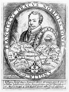 Portræt af Sir Francis Drake (ca. 1540-96) i en alder af 43, indgraveret af Jodocus Hondius (1567-1611) af English School