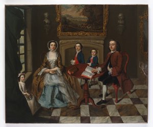 Portræt af en familie i et interiør, menes at være familien Roubel, 1750