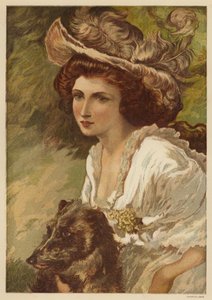 Portræt af en ung kvinde med en hund (farve litho) af English School