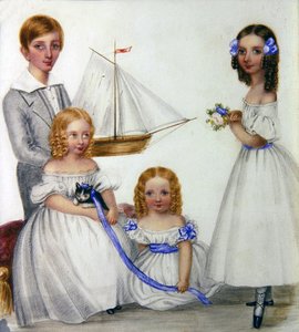 Portræt af fire børn, der holder en sejlbåd og killing, ca. 1830 (akvarel på papir) af English School