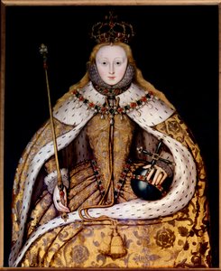 Portræt af dronning Elizabeth II i kroningsdragt, ca. 1600 (olie på panel) (olie på lærred) af English School