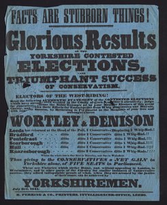 Plakat, der fejrer de konservative kandidaters sejr ved parlamentsvalget i Yorkshire af English School