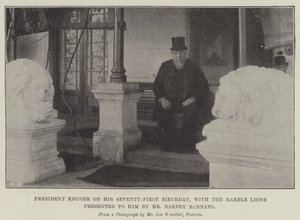 Præsident Kruger på hans enoghalvfjerds fødselsdag med marmorløverne præsenteret for ham af hr. Barney Barnato (gravering) af English School