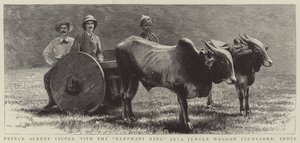 Prinz Albert Victor mit dem "Elefantenkönig" in einem Dschungelwagen in Mysore, Indien (Gravur)