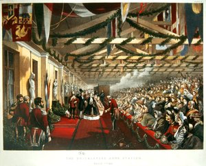 Prinsesse Alexandra af Danmark ankom til London den 7. marts 1863 til The Bricklayers Arms Station med sin kommende mand, Prinsen af Wales. 1863 (farve litho) af English School