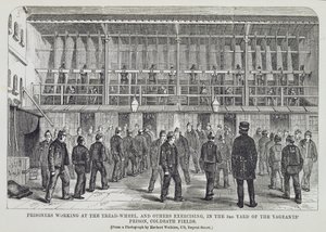 Fanger, der arbejder ved trædehjulet og andre, der træner i 3rd Yard of the Vagrants Prison, Coldbath Fields, fra The Criminal Prisons of London og Scenes of Prison Life af Henry Mayhew (1812- af English School