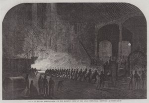 Processen med at rulle panserplader til Hendes Majestæts skibe på Atlas Steelworks, Sheffield (gravering) af English School