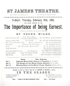 Program for en forestilling af The Importance of Being Earnest af Oscar Wilde (1854-1900) på St. James Theatre, 14. februar 1895 af English School