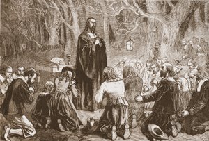 Protestantisk tilbedelse om natten i ørkenens kirke, illustration fra The History of Protestantism af James Aitken Wylie (1808-1890), pub. 1878 af English School