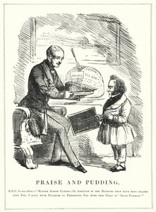 Punch tegnefilm: Praise and Pudding: Prins Albert belønner Joseph Paxton for at designe Crystal Palace til at huse den vellykkede store udstilling fra 1851 i Hyde Park, London (gravering) af English School