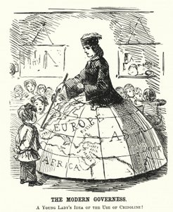 Punch tegneserie: The Modern Governess - en bred bøjleskørt, der tjener som et geografiundervisningshjælpemiddel (gravering) af English School