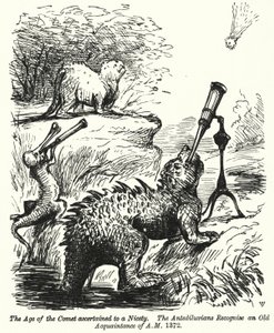 Punch tegneserie: dinosaurer ser på en komet (gravering) af English School