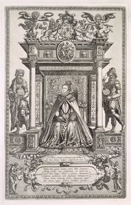 Dronning Elizabeth I (1533-1603) som protektor for geografi og astronomi, frontispice til en bog med saksiske kort over England, 1579 af English School