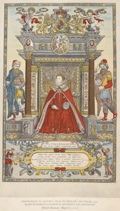 Dronning Elizabeth som protektor for geografi og astronomi. Frontispice til Saxtons atlas over England Wales fra 1579 (farve litho) af English School