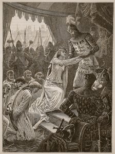 Dronning Philippa går i forbøn for Burghesses of Calais, illustration fra Cassells Illustrated History of England (sepia foto) af English School