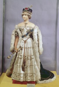 Dronning Victoria (1819-1901) dukke klædt i sine kroningskåber, ca. 1840 (voks) af English School
