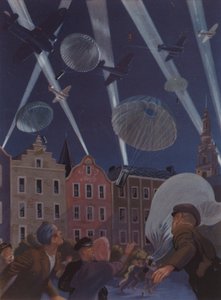 RAF-fly fra Bomber Command kaster cigaretter ned over det tyskbesatte Holland til civile for at fejre dronning Wilhelminas fødselsdag, 2. Verdenskrig af English School