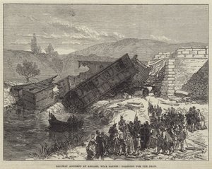 Jernbaneulykke i Antibes, nær Cannes, slæbende for de døde (gravering) af English School