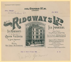 Kvittering fra Ridgways, te-importører, 182 Oxford Street, London af English School