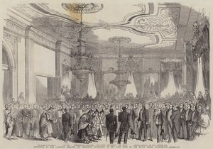 Modtagelse af den japanske ambassade af præsident Buchanan i det østlige rum i Det Hvide Hus, Washington (gravering) af English School