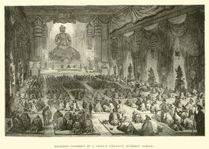 Religious Ceremony in a Chinese Lamasery, Buddhist Temple  af English School