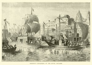 Religiøs procession på floden, Benares af English School