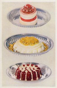Ribbon Jelly; Venus Pudding; Wine Jelly and Cream (farvelitografi) af English School