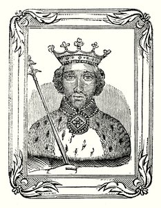 Richard II blev født i 1366, kronet i 1377 og myrdet i 1399 (kobberstik) af English School