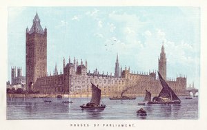 Themsen: Houses of Parliament (farvet gravering) af English School