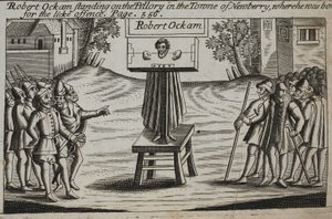 Robert Ockam stående på søjlen i byen Newberry, hvor han blev født, illustration fra Acts and Monuments af John Foxe, niende udgave, pub. 1684 af English School