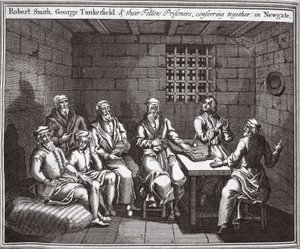 Robert Smith, George Tankerfield og deres medfanger, konfererer sammen i Newgate, illustration fra Foxes Martyrs c.1703 af English School